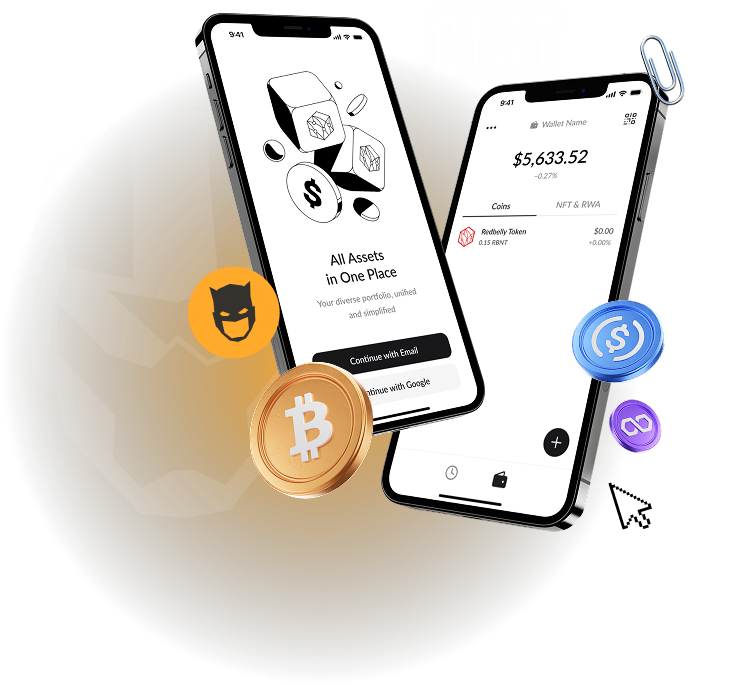 Web3 mobile crypto wallet app interface showing portfolio balance, login screen, and cryptocurrency icons like Bitcoin and Ethereum – Guardian Wallet development by CIDT