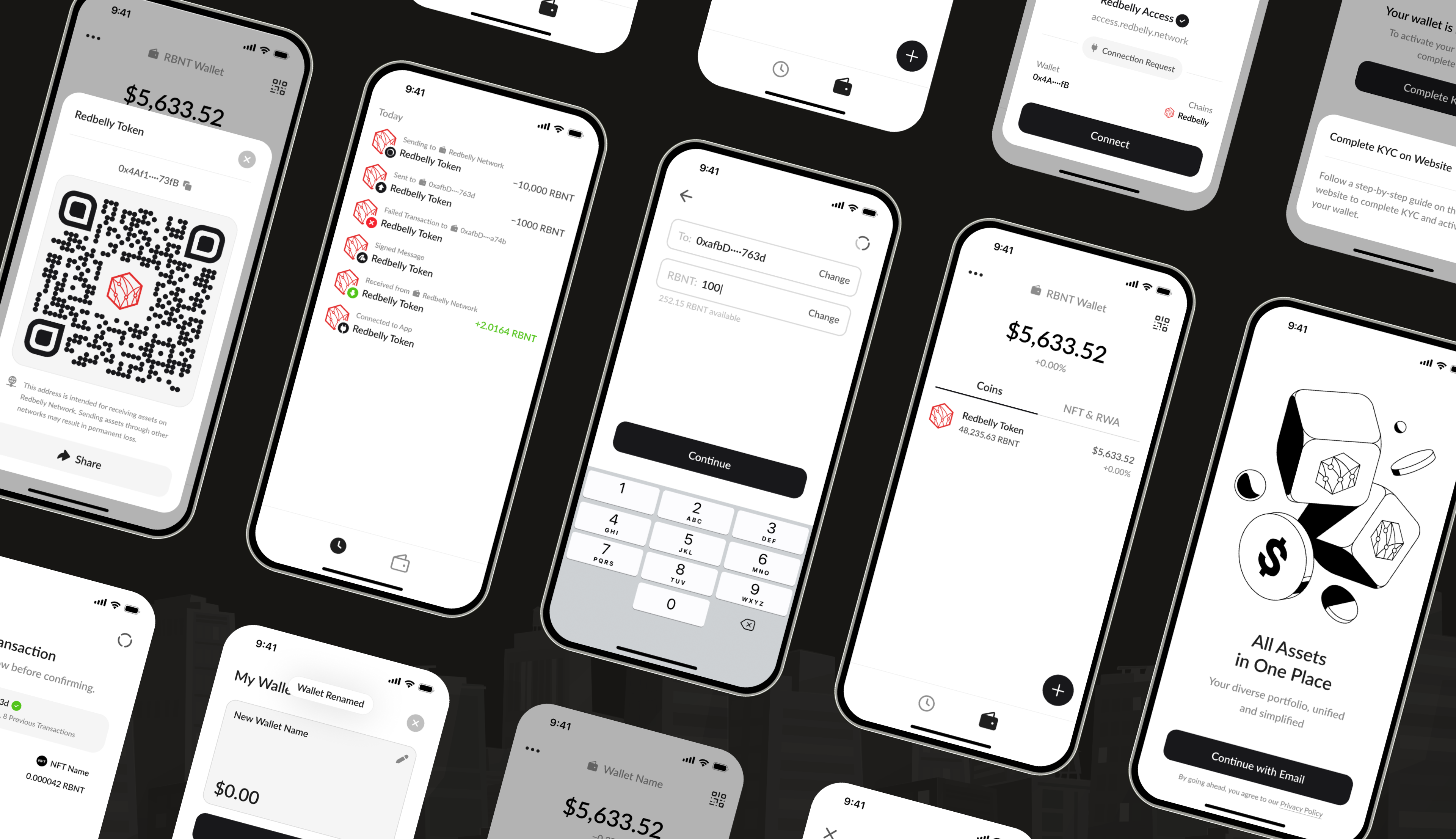 Guardian Wallet mobile app screenshots showing RBNT token balance, QR code for transactions, KYC verification, wallet creation, and real-time portfolio updates on iOS and Android