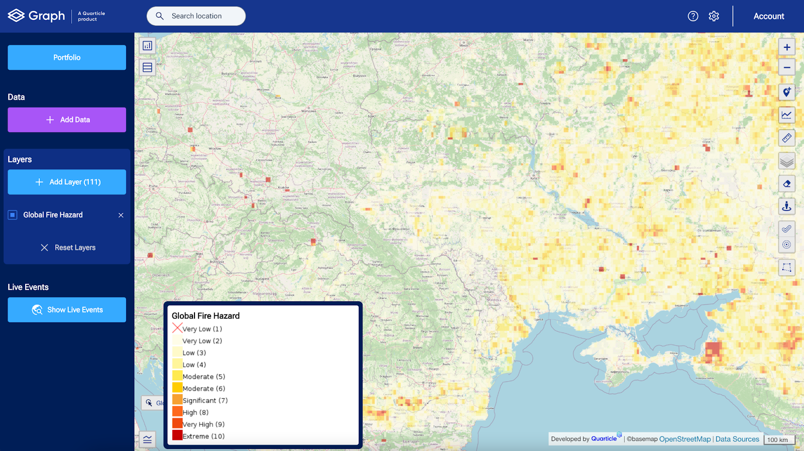 Global fire hazard risk map from Quarticle's Graph, color-coded to reflect fire risk levels from very low to moderate, covering a European region with detailed geographic features.