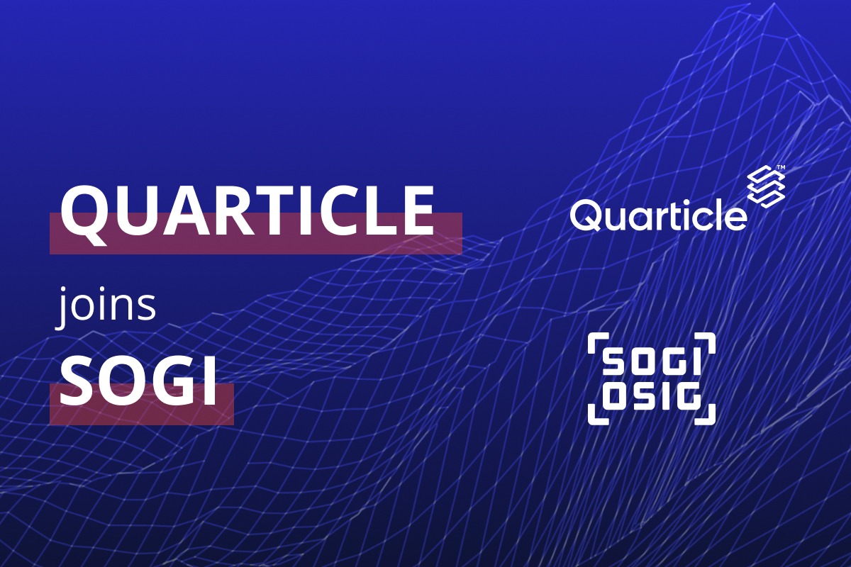 A digital graphic card with a blue background featuring abstract wireframe mountains. The main text reads "Quarticle joins SOGI" in bold white letters with maroon highlights. The logos for Quarticle and SOGI appear in the top and bottom right corners, respectively.