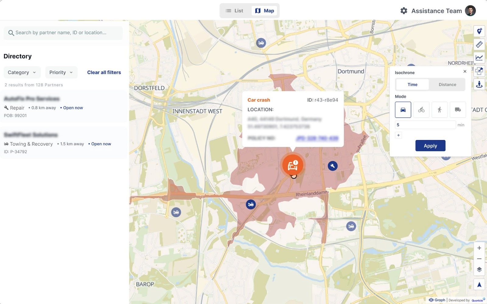 An interactive logistics assistance map centered on Dortmund, Germany, showing a car crash incident in the city area near Innenstadt West and Dorstfeld. A directory panel lists two nearby open partners: "Autofit Pro Services" (repair shop, 0.8 km away) and "SwiftFleet Solutions" (towing & recovery, 1.5 km away). An isochrone panel displays a 5-minute travel time filter by car mode, with partner locations marked by blue icons on a street map background overlaid with roads, rivers, and district labels.
