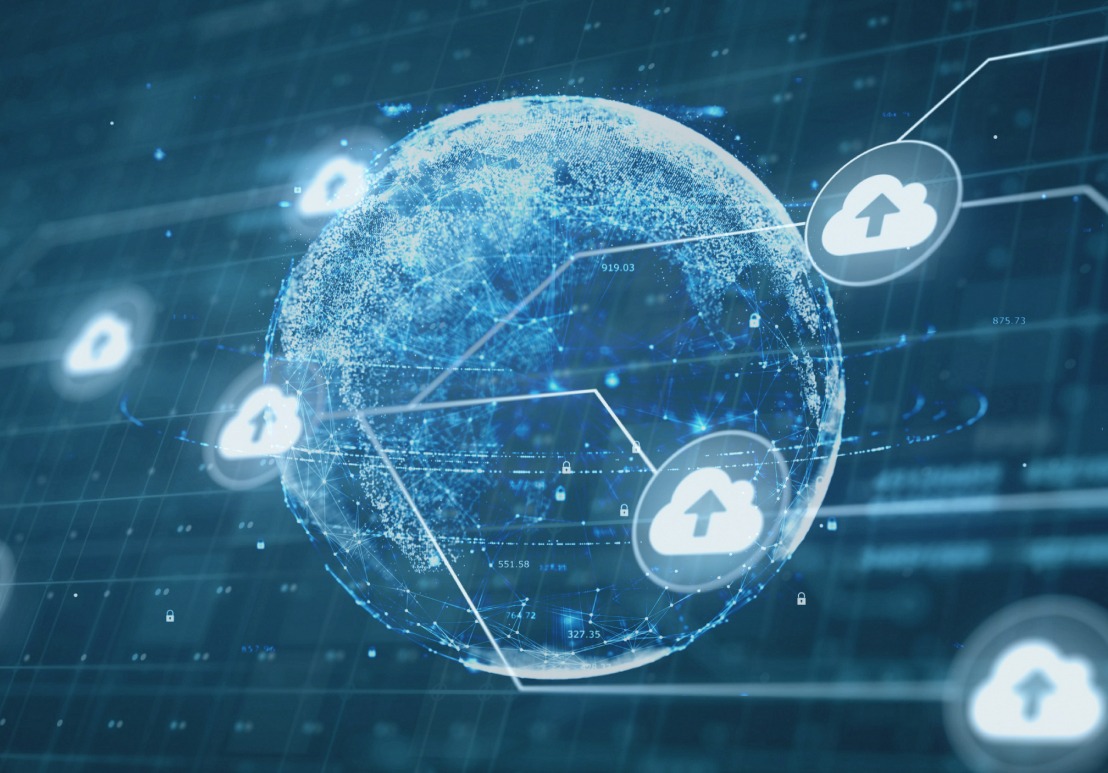 Cloud computing and digital connectivity visualized as a glowing globe with secure data transfer icons, representing scalable cloud infrastructure and global network technology.