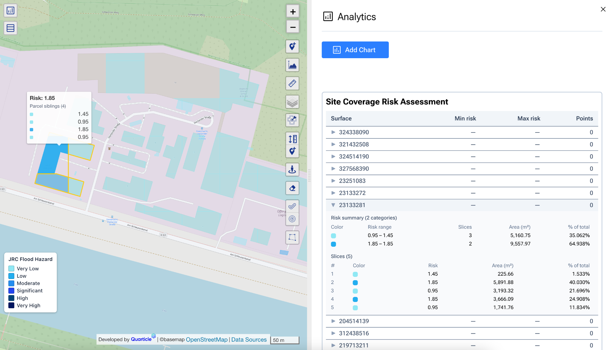 Map-based site coverage risk assessment in Graph by Quarticle showing building-level flood risk scores, parcel slices, and hazard overlays for granular spatial analysis.