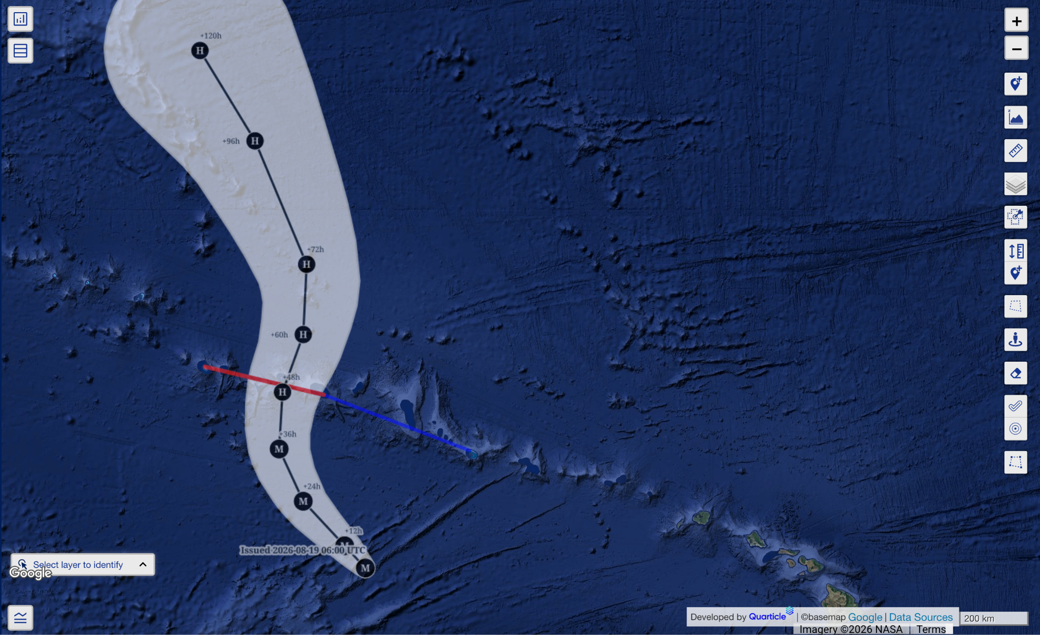 Graph by Quarticle displays a NOAA tropical cyclone forecast with forecast positions, storm intensity categories, track lines, and a cone of uncertainty over the Caribbean region.