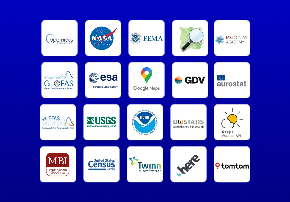 Examples of trusted geospatial data sources available through the Quarticle Data Hub, including Copernicus, NASA, FEMA, ESA, USGS, NOAA, Eurostat, and mapping providers.