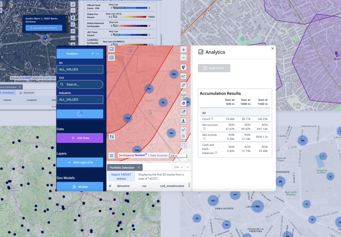 Graph by Quarticle interface showing portfolio locations, hazard layers, and accumulation analysis results on an interactive map.