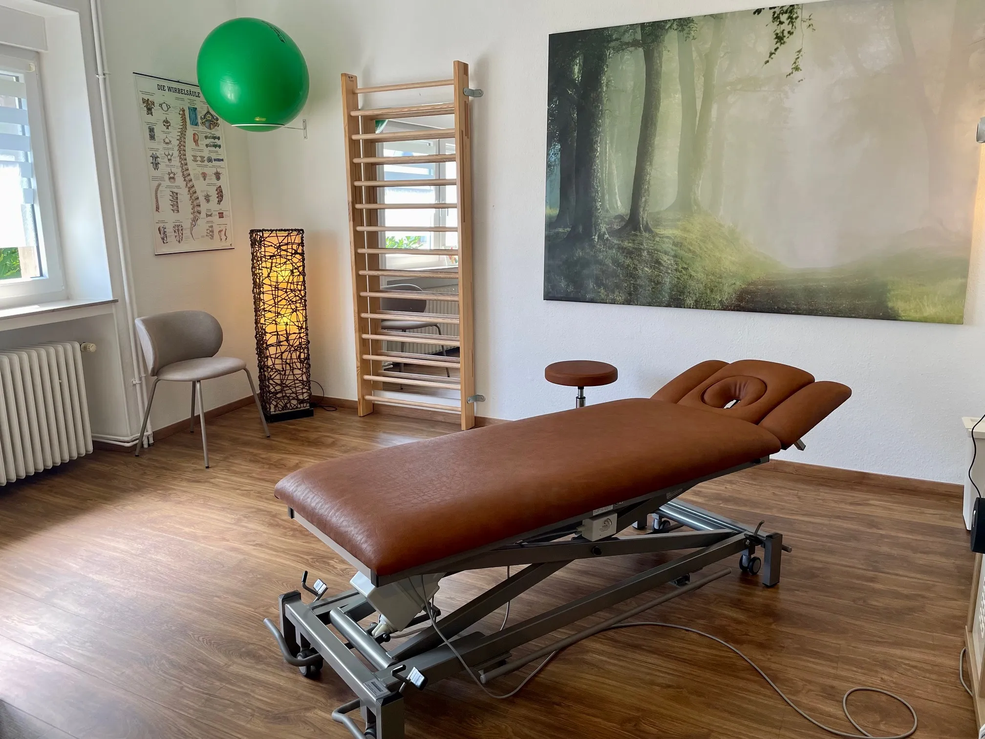 Therapieraum mit einer braunen Liege und einem Tisch.