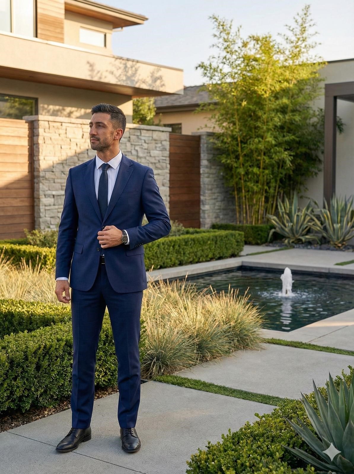 Mavi takım elbiseli bir adam, taş duvarlı, bitkili ve küçük bir çeşmeli modern bir bahçede duruyor.