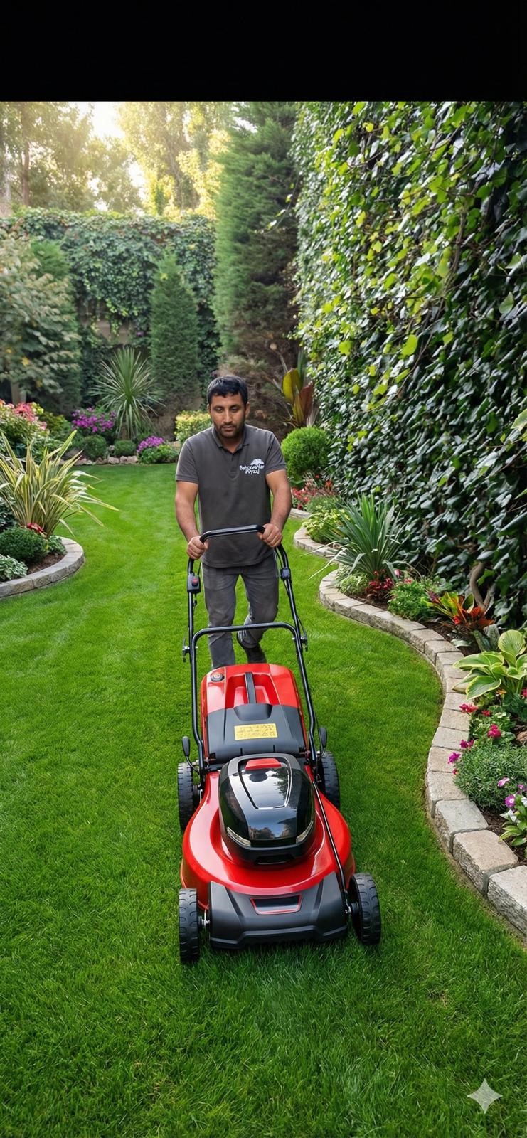 Peyzaj düzenlemesi yapılmış bitki ve ağaçlarla çevrili, düzgünce biçilmiş yeşil bir çimenlikte kırmızı bir çim biçme makinesini iten adam.