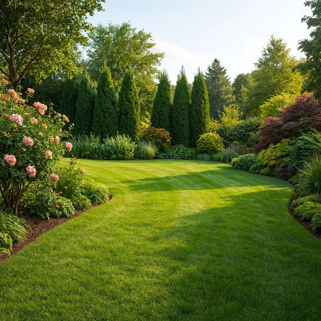 Bakımlı çimenlik alan, çiçekli çalılar ve yeşil kozalaklı ağaçlarla çevrili, berrak bir gökyüzünün altında.
