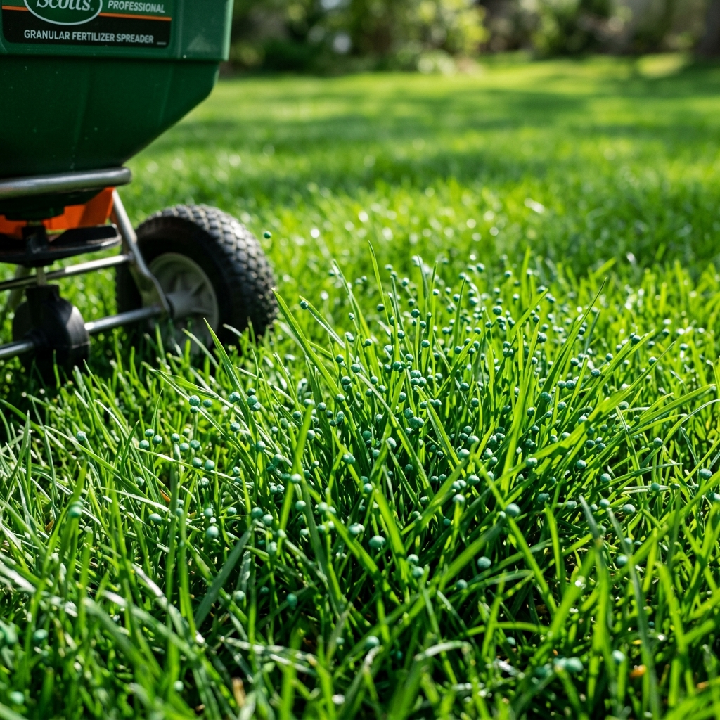 Yemyeşil bir bahçe için Nisan ayında uygulanan kontrollü salınımlı çim gübresi ve profesyonel gübreleme dağıtım makinesi detay çekimi.