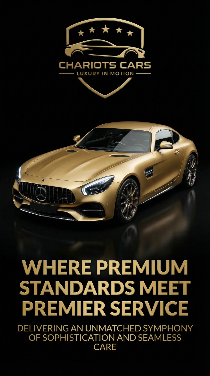 Golden luxury sports car with Chariots Cars logo and text reading 'Where premium standards meet premier service' on black background.