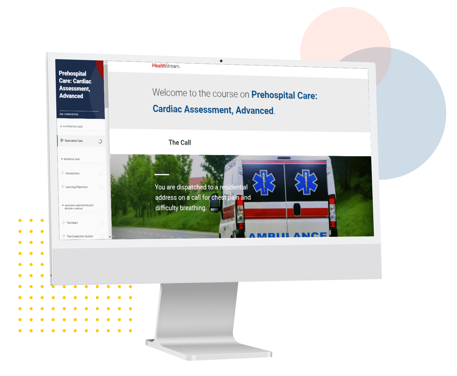 Computer screen displaying an online course titled 'Prehospital Care: Cardiac Assessment, Advanced' with a section called 'The Call' showing an ambulance on a rural road.