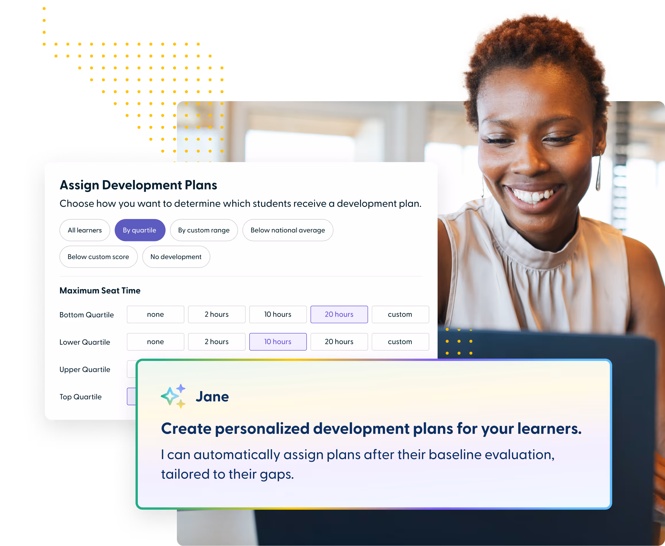 Woman smiling while looking at a laptop screen with an overlay showing a tool to assign personalized development plans for learners based on quartile and seat time.