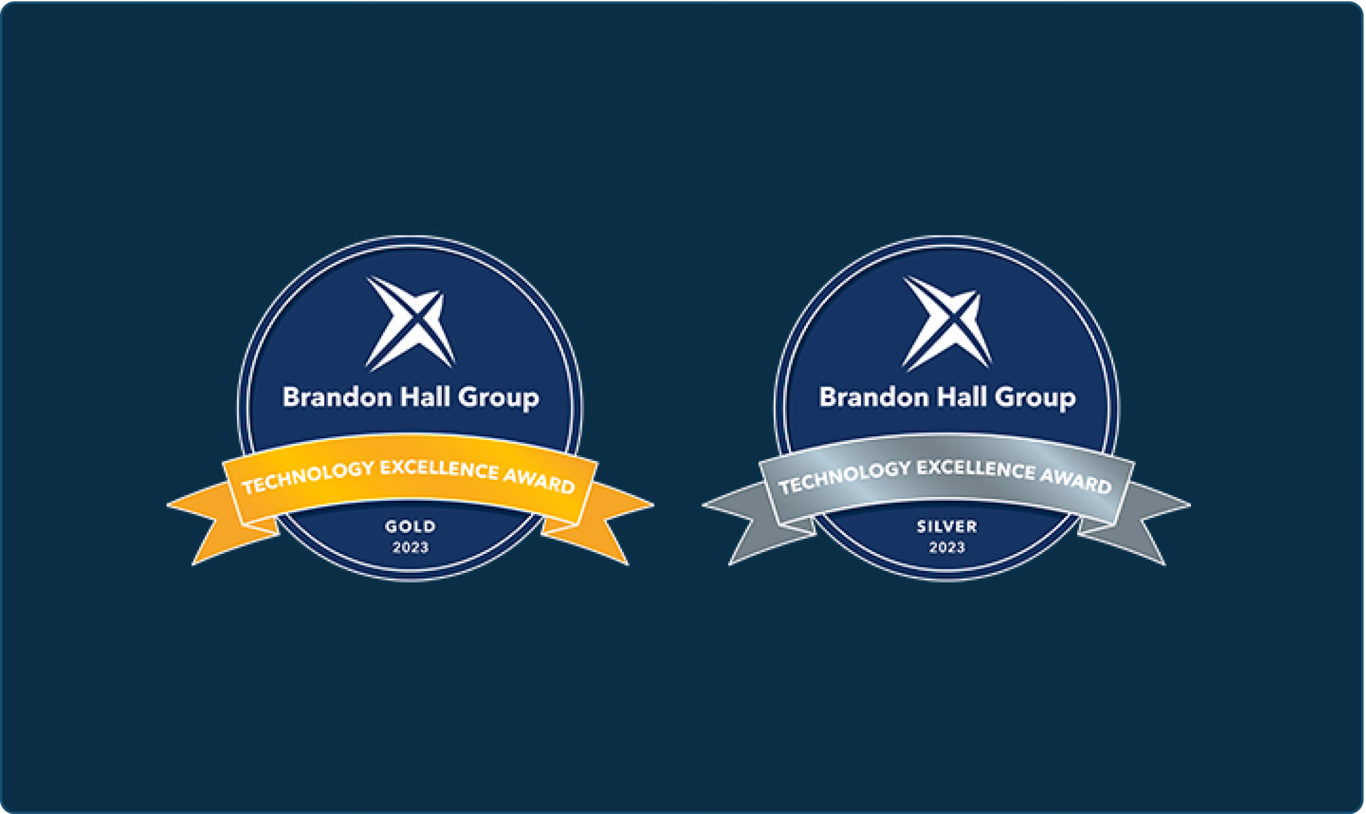 Two Brandon Hall Group Technology Excellence Award badges for 2023, one gold and one silver.