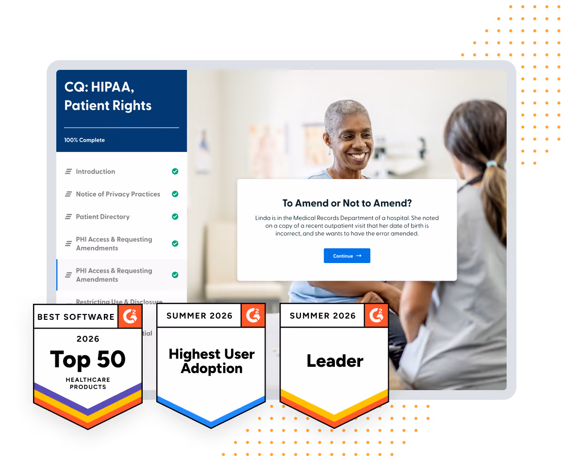 Healthcare compliance software interface showing HIPAA patient rights checklist and a patient consulting a healthcare professional, with award badges for best software and best estimated ROI in 2025.