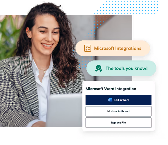 Smiling woman using laptop with Microsoft integrations interface showing options to edit in Word, mark as authored, and replace file.