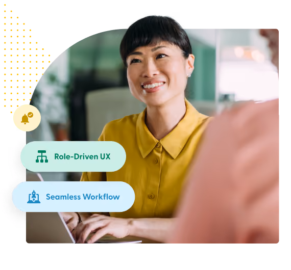 Smiling woman in a yellow shirt using a laptop, with overlay text highlighting Role-Driven UX and Seamless Workflow features.
