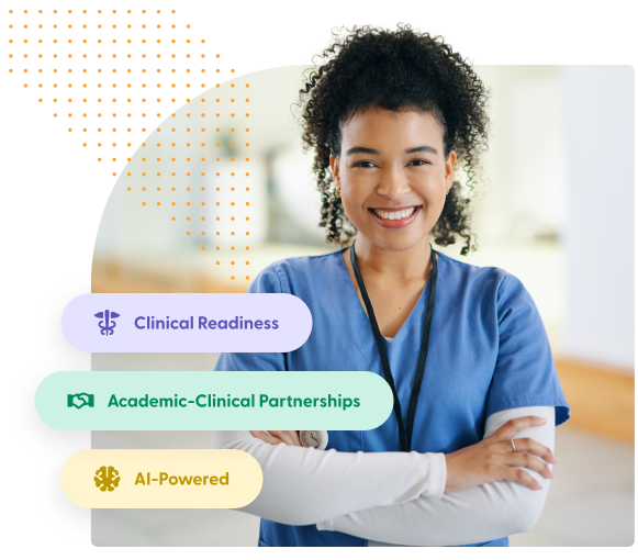 Smiling female healthcare professional in blue scrubs with arms crossed and labels reading Clinical Readiness, Academic-Clinical Partnerships, and AI-Powered.
