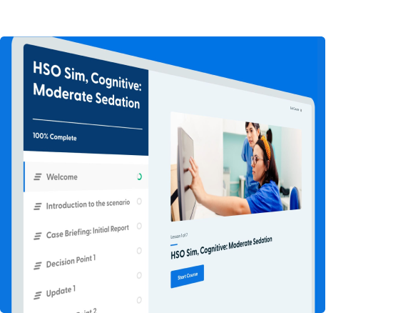 Screenshot of an online course interface titled 'HSO Sim, Cognitive: Moderate Sedation' showing a lesson navigation menu and a learner interacting with a touchscreen.