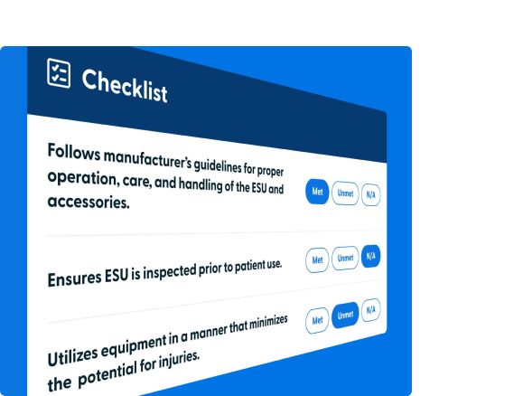 Checklist with three statements about ESU usage and three corresponding options for each: Met, Unmet, N/A.