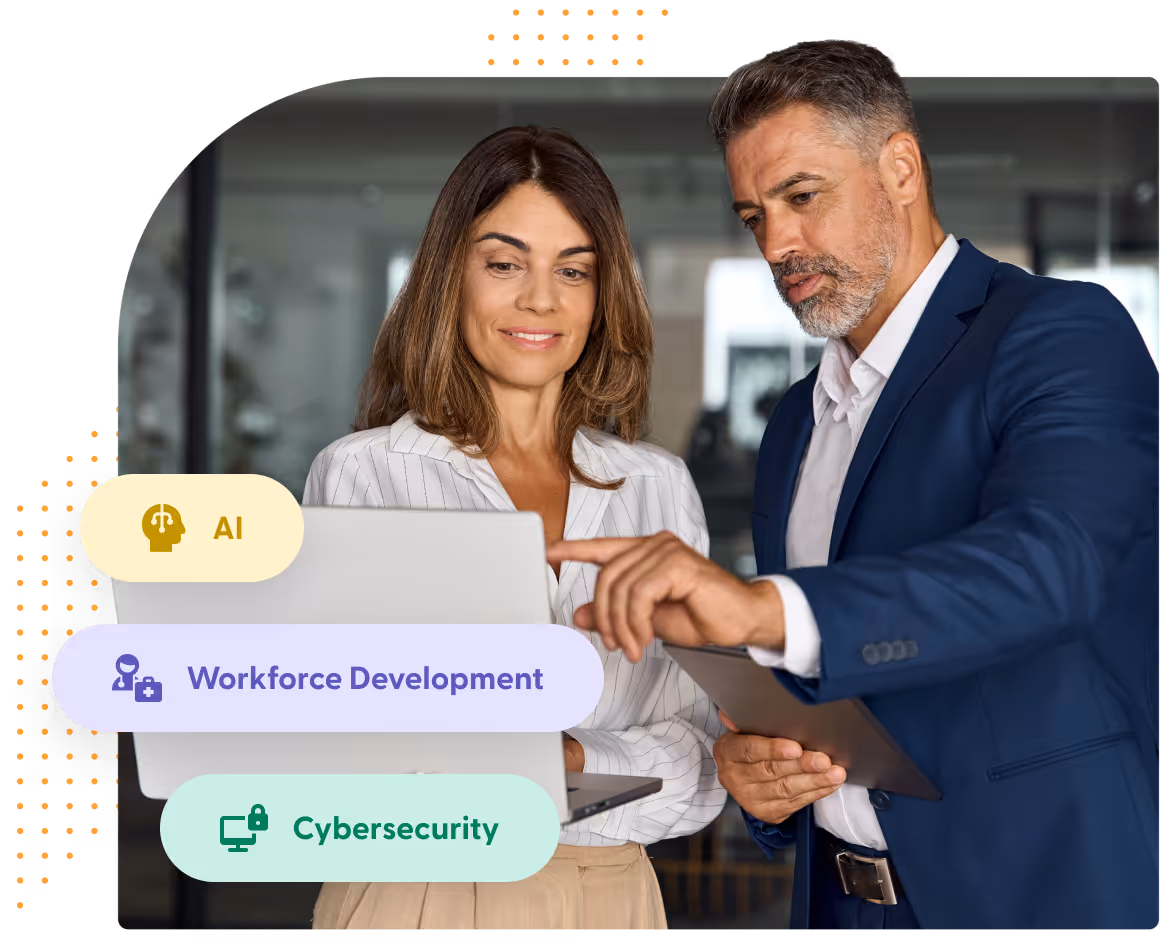 A woman holding a laptop and a man in a blue suit pointing at the laptop screen in an office setting, with overlay text about AI, Workforce Development, and Cybersecurity.