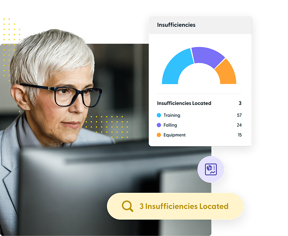Older woman with short white hair and glasses working on a computer, alongside a chart showing insufficiencies in training, falling, and equipment.