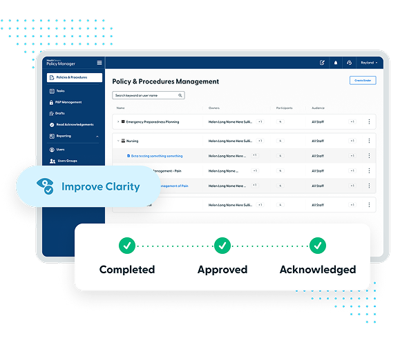 Dashboard screen showing Policy & Procedures Management with a list of tasks and their statuses: Completed, Approved, and Acknowledged.