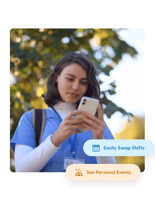 Young woman in blue scrubs looking at her phone outdoors with labels reading Easily Swap Shifts and See Personal Events.