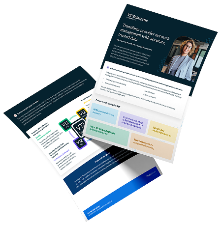 Two angled A4 flyers showing VTZ enterprise branding with text, a photo of a smiling woman, colored info boxes, and network icons on a dark background.