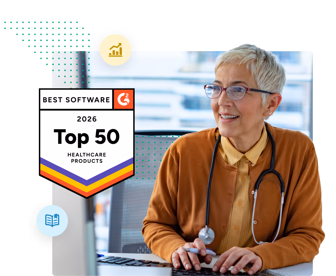Smiling female healthcare professional with short gray hair, glasses, and a stethoscope typing on a computer keyboard next to a badge reading '2026 Top 50 Healthcare Products Best Software'.