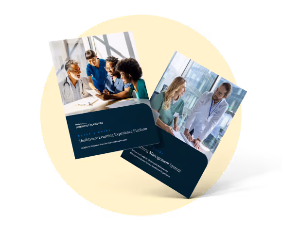 Two brochures for healthcare learning solutions, one showing a diverse medical team reviewing a tablet and titled 'Healthcare Learning Experience Platform,' the other showing two healthcare professionals in discussion titled 'Learning Management System.'
