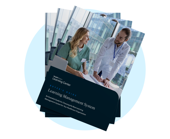 Cover of a buyers guide titled 'Learning Management System' showing a female healthcare worker and a male doctor having a discussion in a modern office setting with large windows.