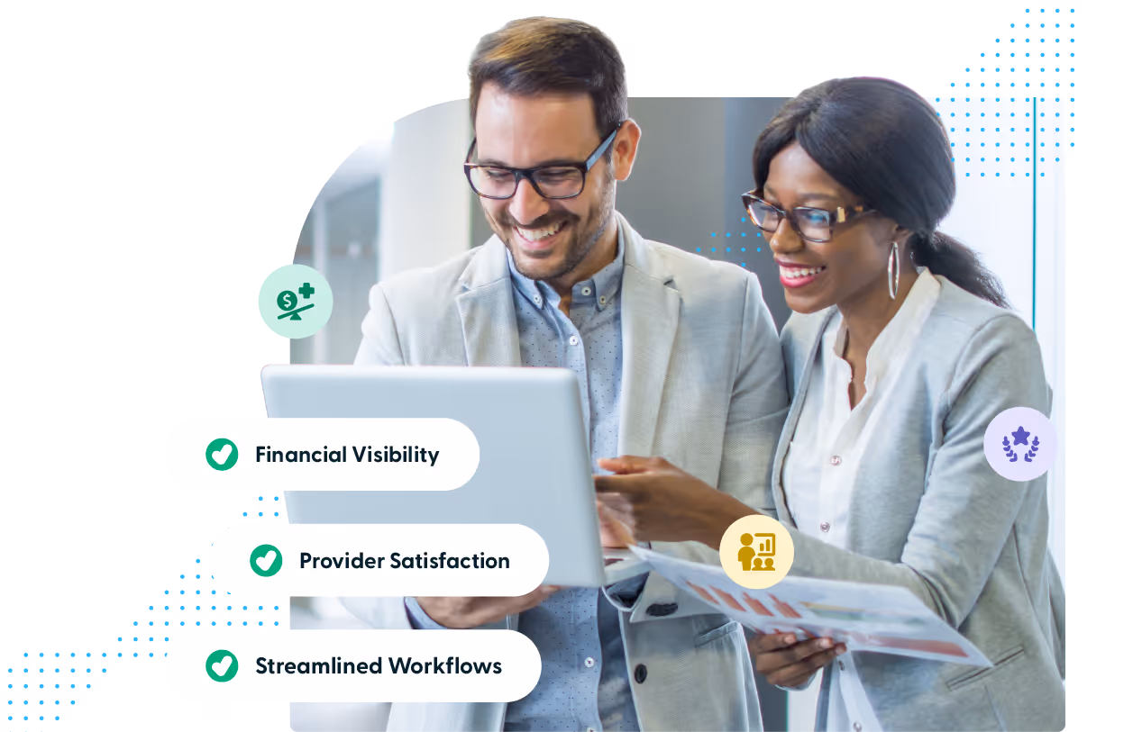 Smiling man and woman with laptops and documents, with icons and text emphasizing financial visibility, provider satisfaction, and streamlined workflows.