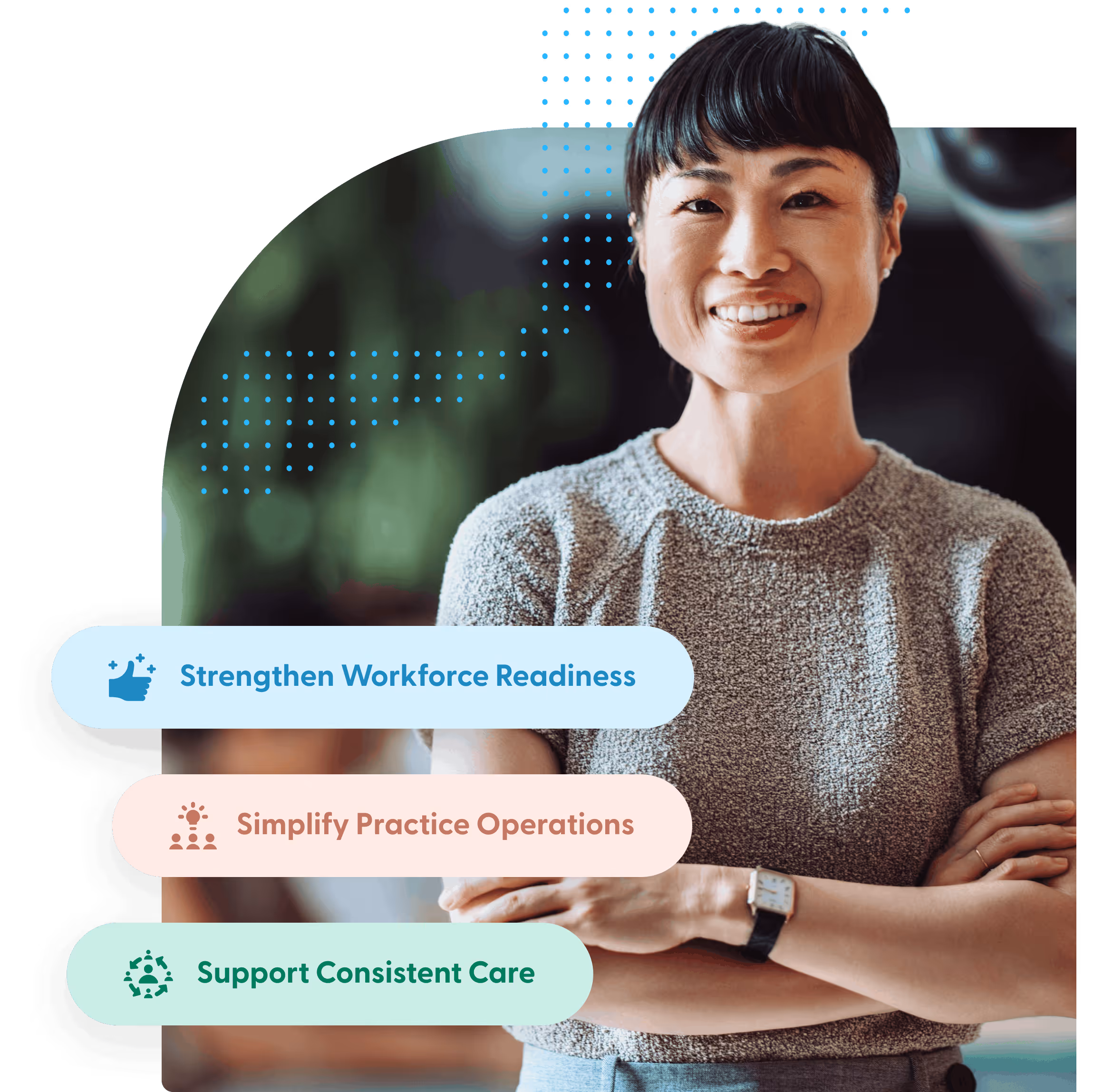 Smiling woman with crossed arms beside text highlighting workforce readiness, practice operations, and consistent care.