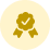 Gold award ribbon with a star in the center on a light gold circular background.
