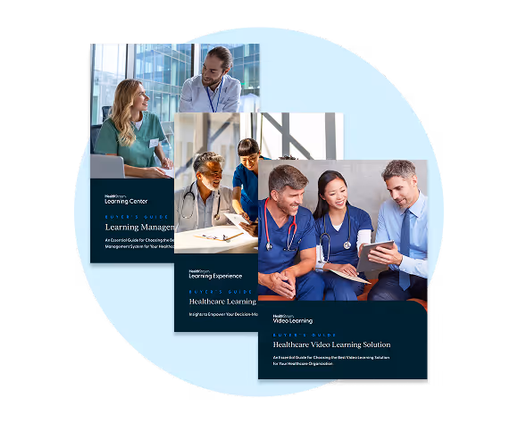 Three healthcare buyers guides featuring diverse medical professionals in discussion and learning settings.