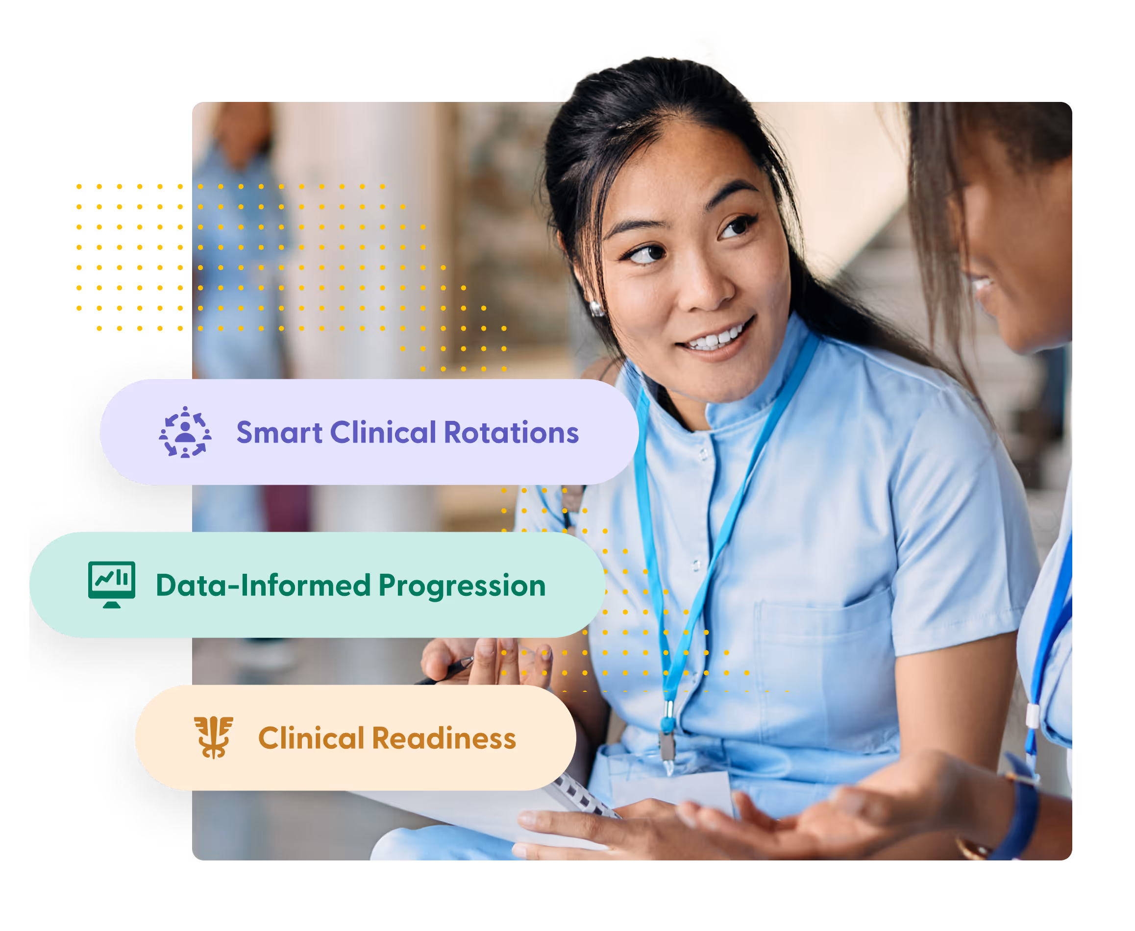 Two healthcare workers in blue scrubs engaged in discussion with text overlay about clinical rotations and readiness.