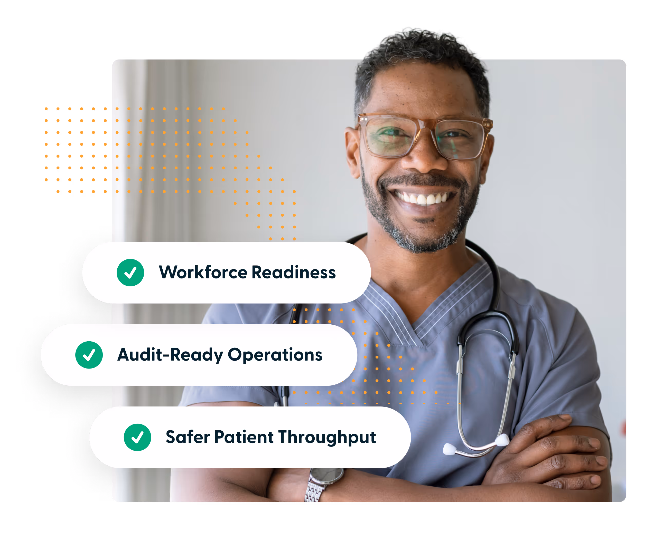 Smiling male healthcare worker with glasses and stethoscope beside text on workforce and patient safety benefits.