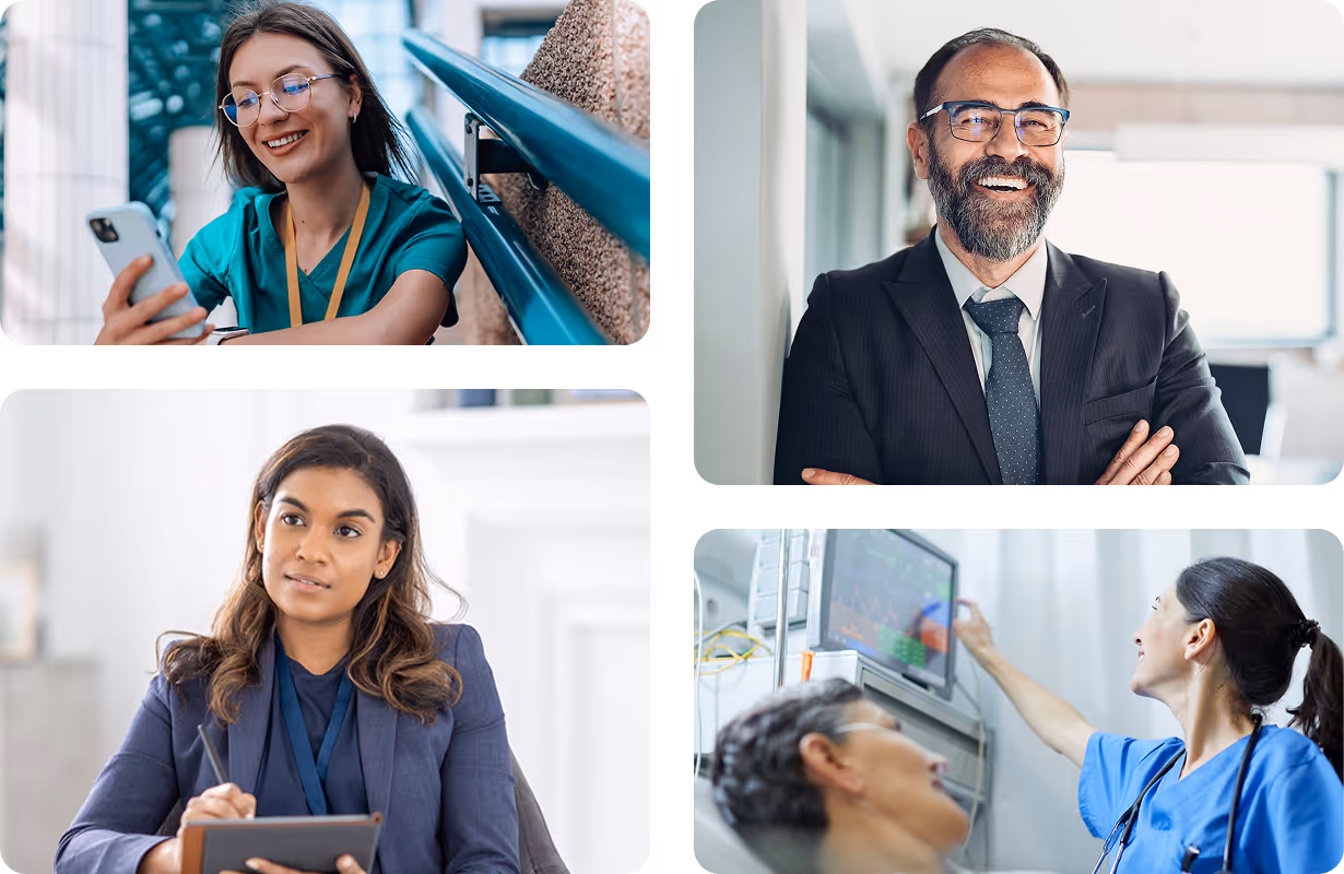 Collage of diverse professionals: smiling woman on phone, male executive, female doctor with patient, woman writing notes.