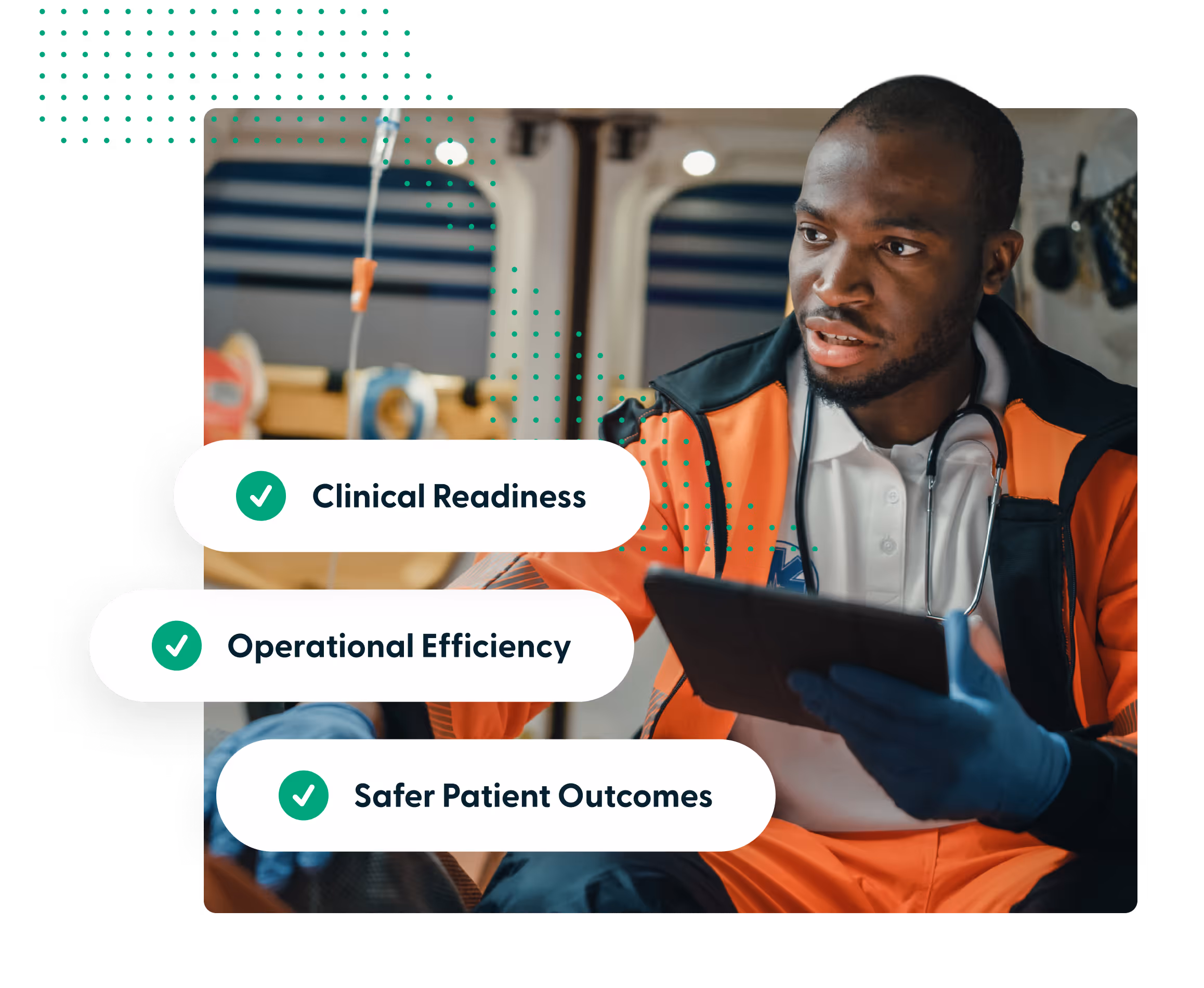 Medical professional in orange jacket and gloves using a tablet with checklist of clinical readiness benefits.