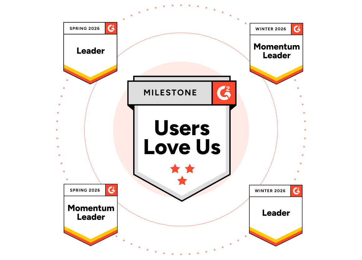G2 milestone badge reading 'Users Love Us' surrounded by Spring 2026 and Winter 2026 Leader and Momentum Leader badges.