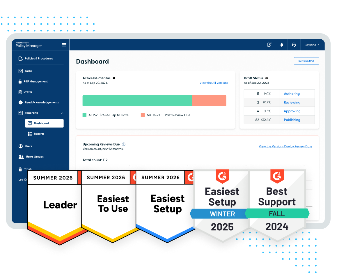 Policy Manager dashboard with active P&P status, draft status, upcoming reviews, and G2 award badges from 2024 to 2026.