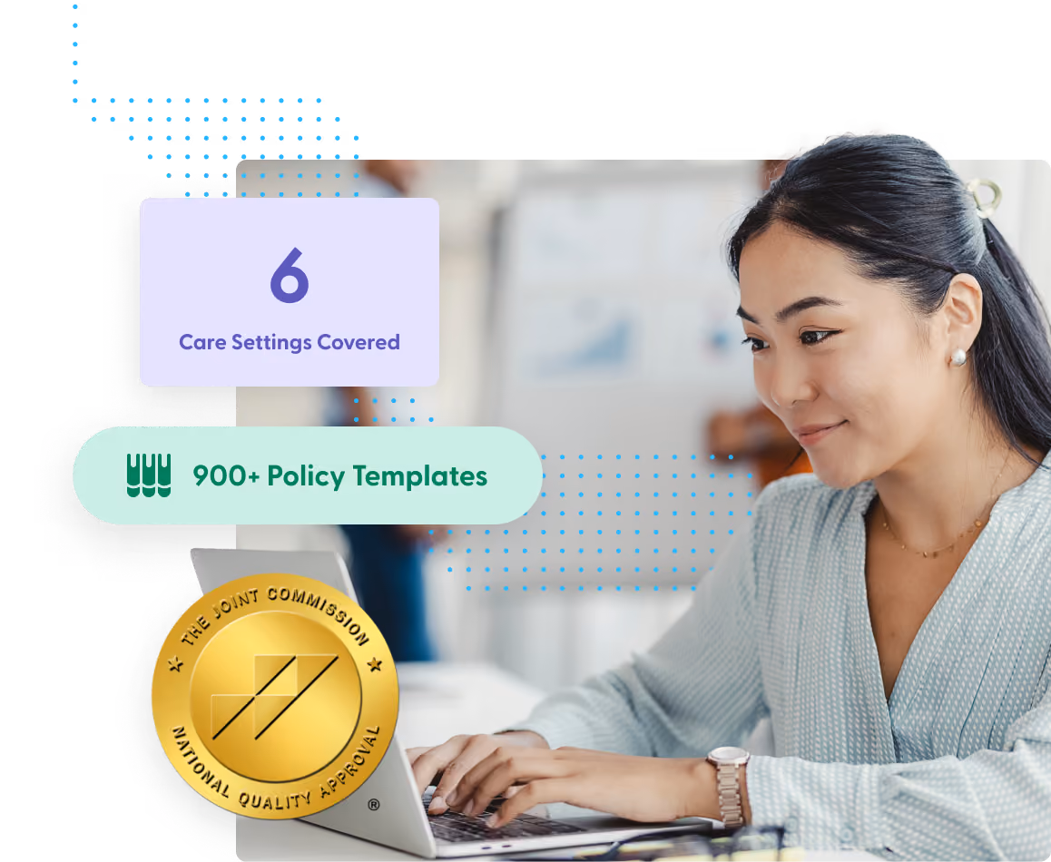 Smiling woman typing on laptop with icons showing 6 care settings and 900+ policy templates, plus a gold quality seal.