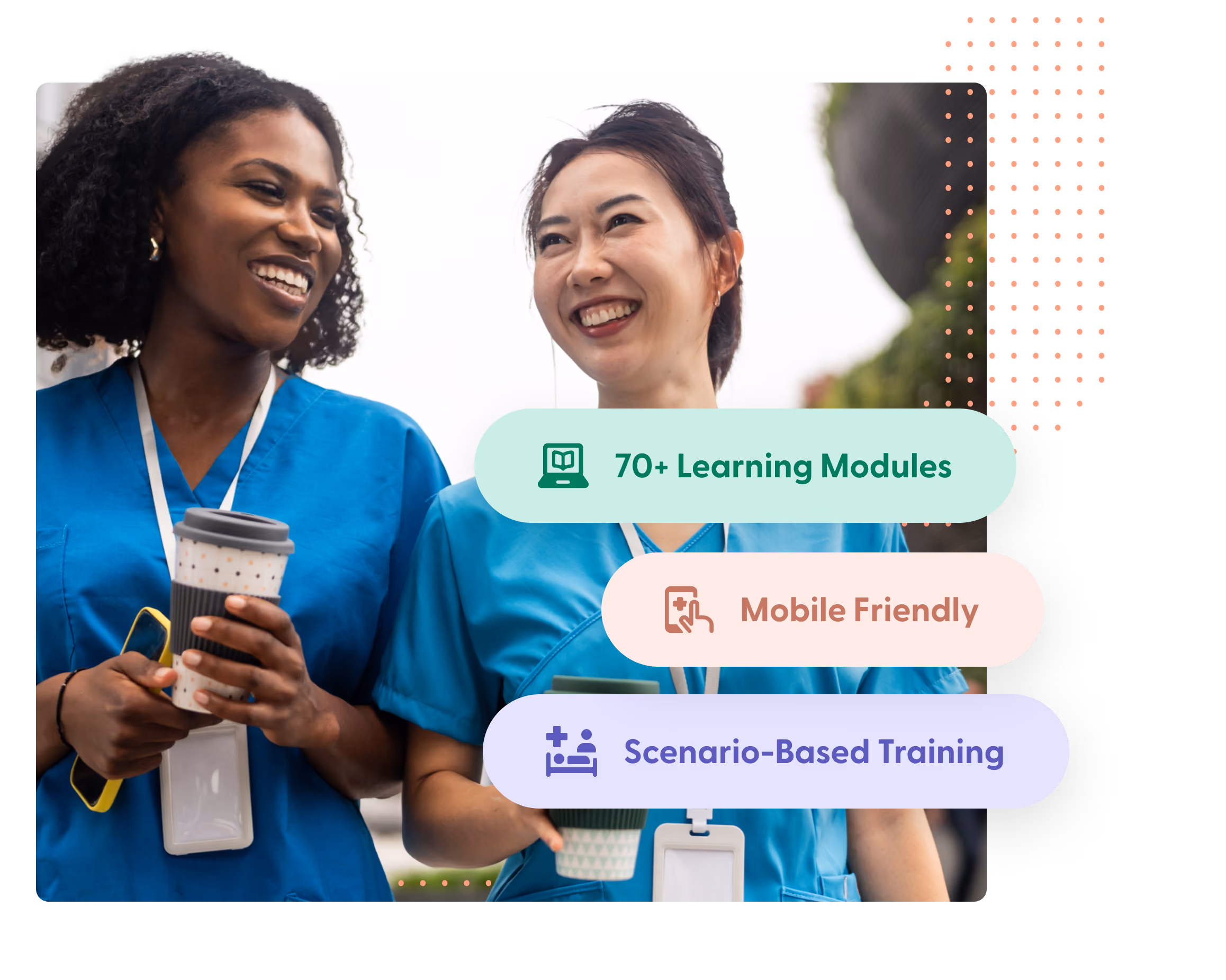 Two smiling healthcare workers in blue scrubs holding cups with text about online learning modules.