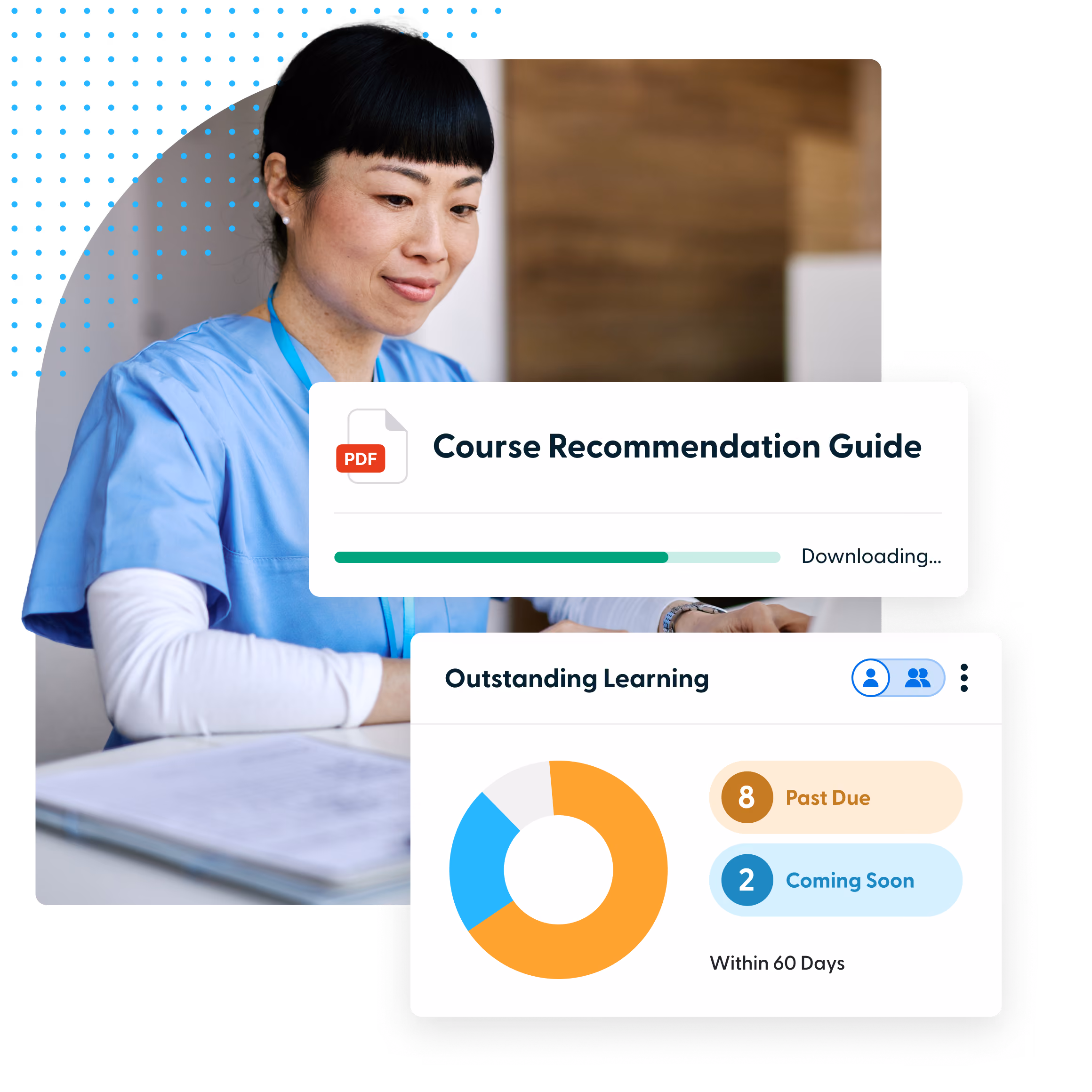 Healthcare worker in blue scrubs viewing a Course Recommendation Guide PDF downloading and a learning status chart.