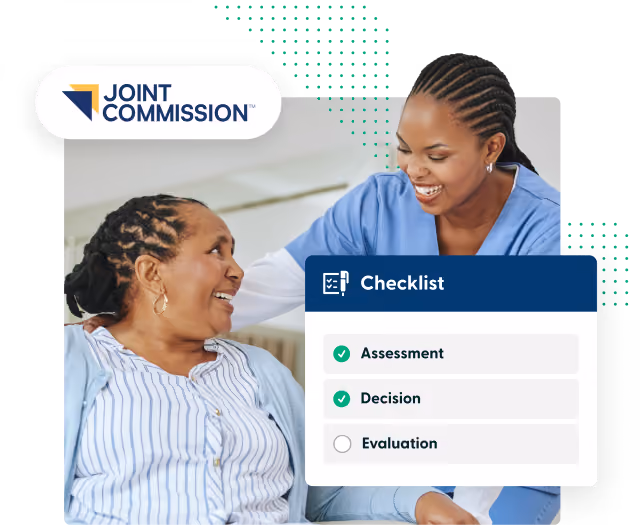 Smiling healthcare worker in blue scrubs comforting an elderly woman with checklist showing assessment, decision, evaluation.