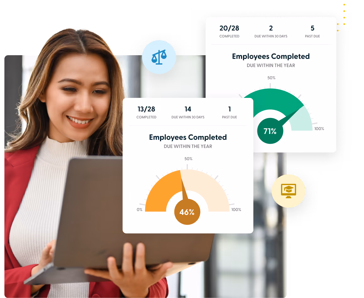 Woman in red blazer looking at laptop with two HealthStream employee completion progress dashboards visible.