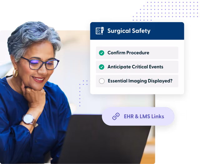 Smiling woman with glasses working on a laptop with surgical safety checklist and EHR & LMS links overlay.