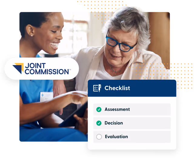 Caregiver and elderly woman reviewing a checklist that marks assessment and decision as done, evaluation pending.